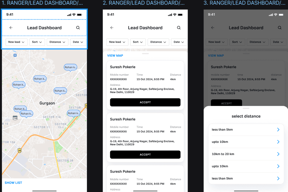 Lead dashboard wireframes: map view, list view, and distance filter