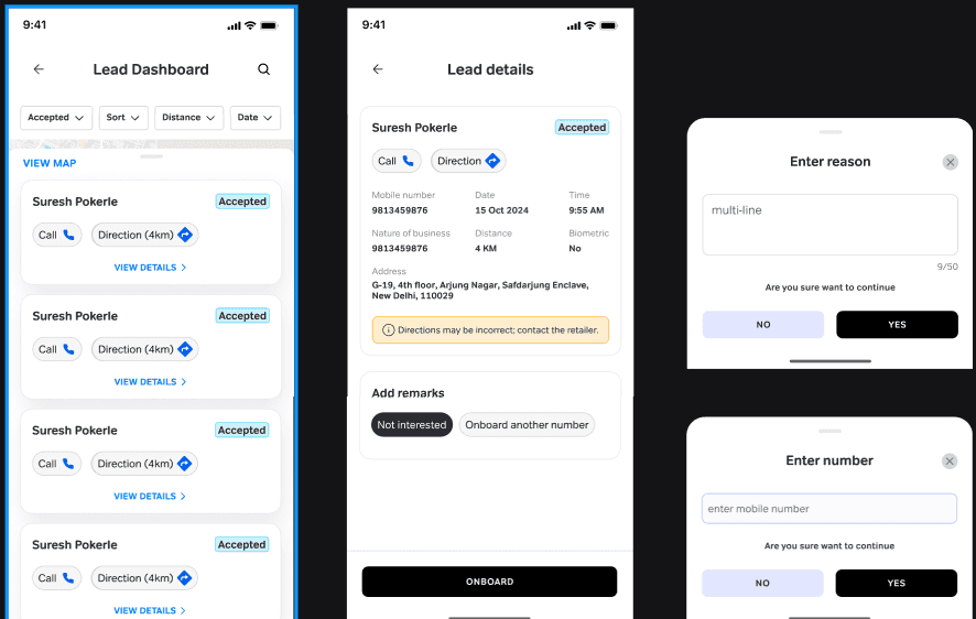 Accepted lead detail screen with call/direction actions and remarks flow